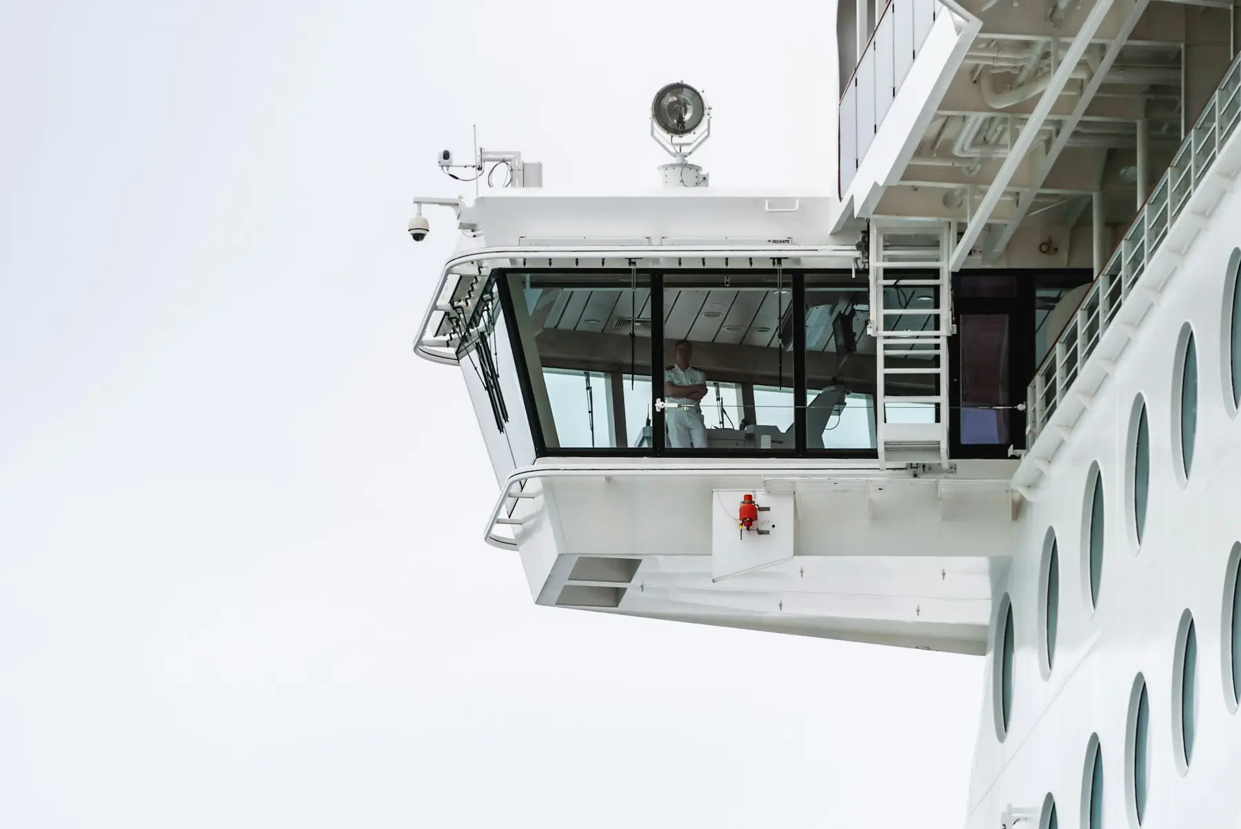 The bridge and bridge wing of a large vessel
